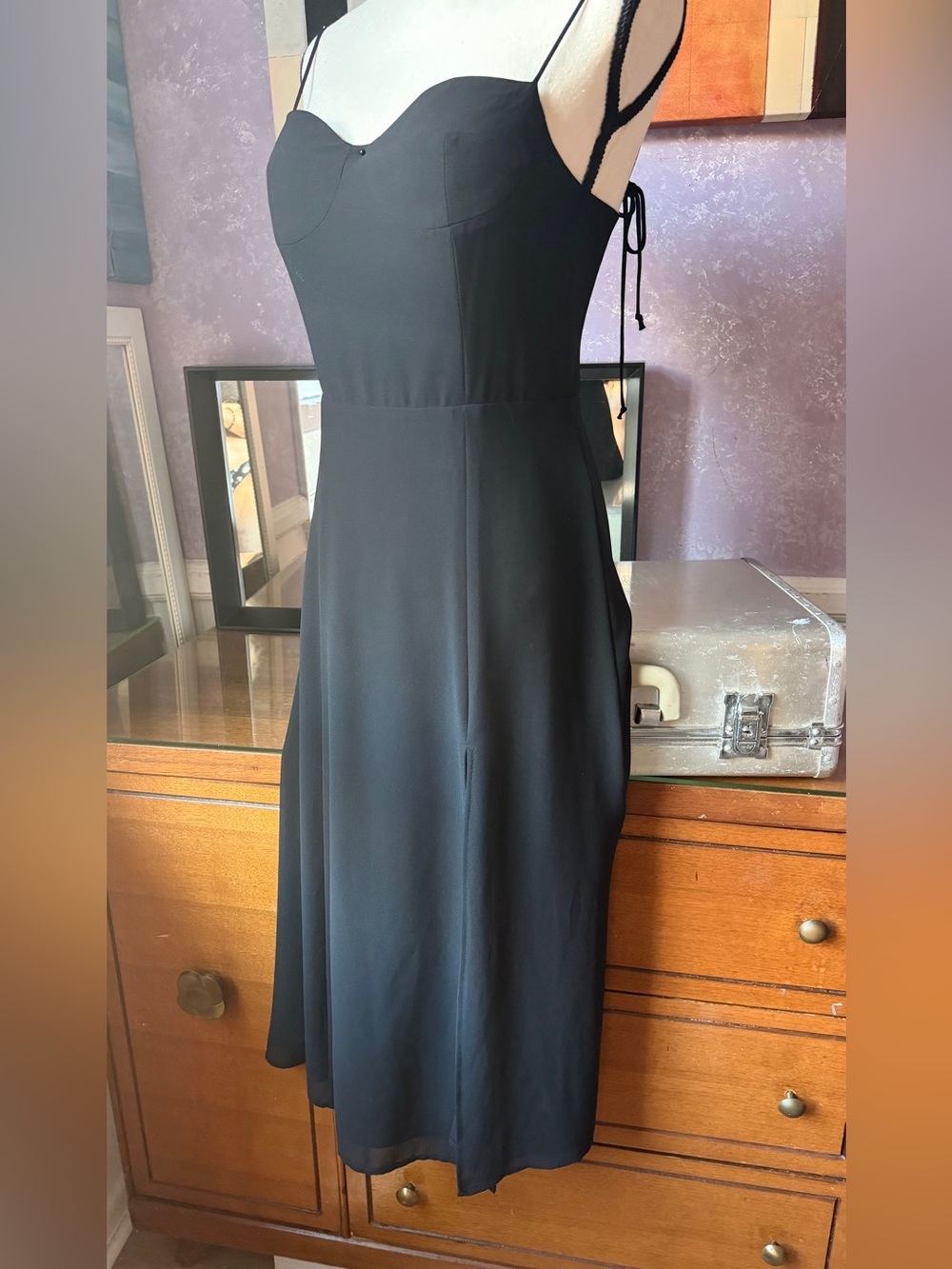 Quintessential Little Black Midi Dress Slim fit and adjustable spaghetti straps - Picture 3 of 14
